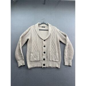 SNULLO Cardigan Sweater Mens Medium Beige Shawl Collar Cable Knit Button Front